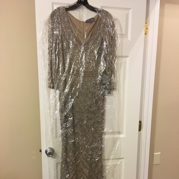 Theia Silver Nude 3/4 Sleeve Sequin Crepe Gown - Picture 2 of 8